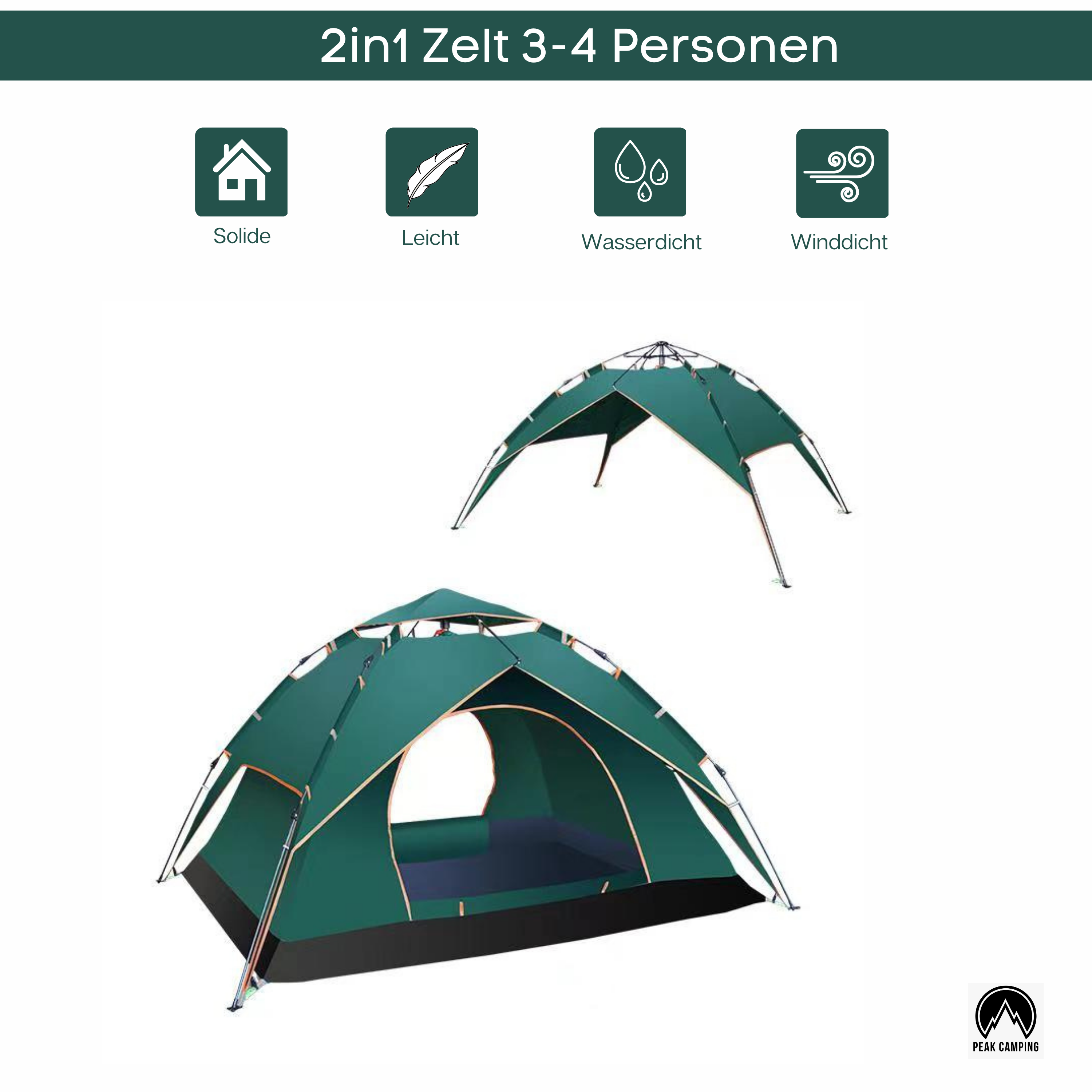 – Peak Camping OutletNow Wurfzel 2in1 Zelt Wasserdicht Personen Schnellau Zelt 3-4